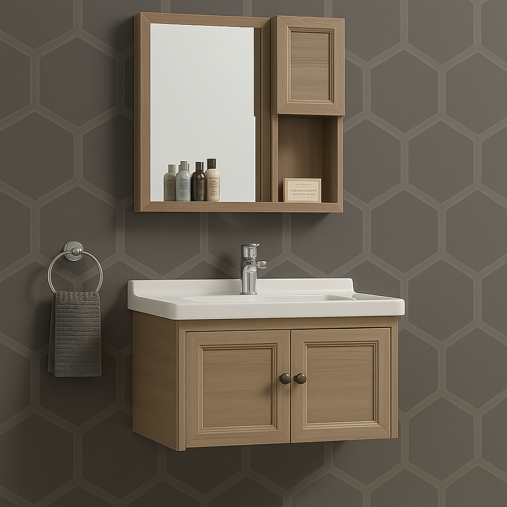 مغسلة فيبر مزودة بمساحه تخزين اسفل الحوض ومرايه مزوده بصيدلية