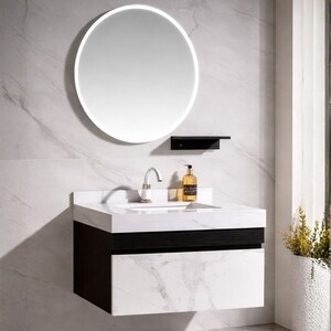 مغسلة حمام مودرن 8006 مع مراية دائرية وخزانة سفلية 80 سم