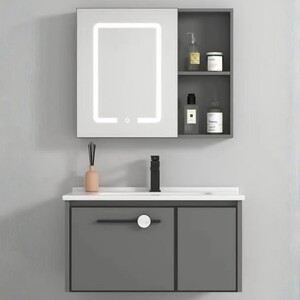 مغسلة ألومنيوم مراية ليد وصيدلية رمادي موديل M027 مقاس 60 و80 سم