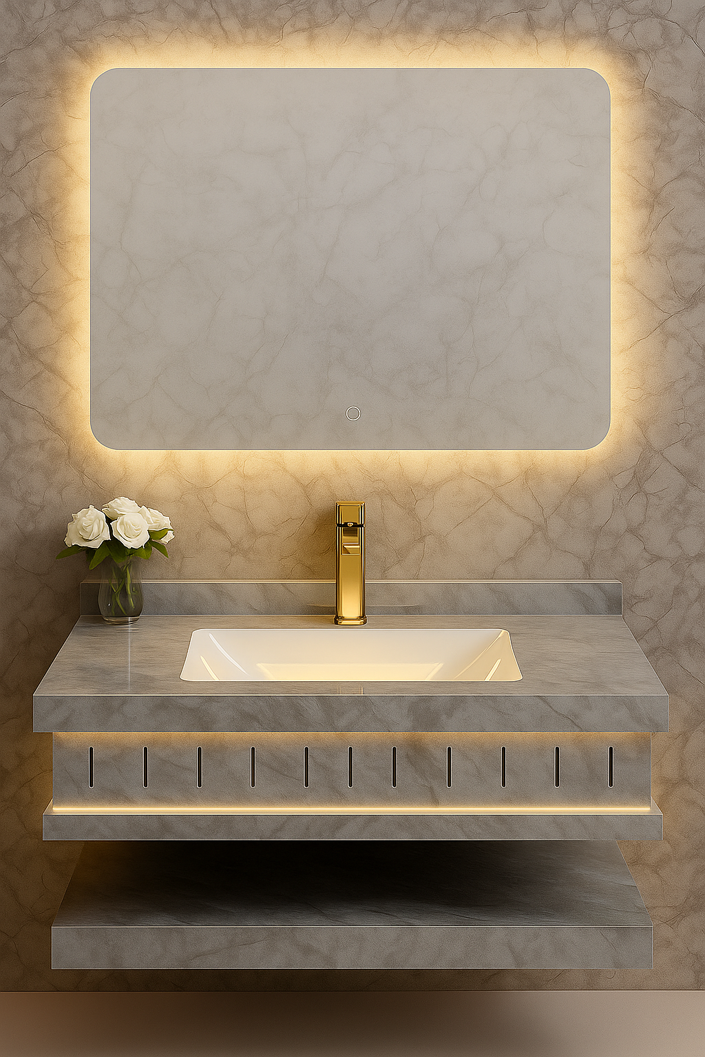 مغسلة رخام بمرايه ليد 3 اضاءات بحوض بشكل شيك وعصري مزود ب ليد