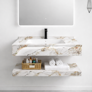 مغسلة رخام DY-08 بيج مع مرآة ليد 3 إضاءات ورف سفلي