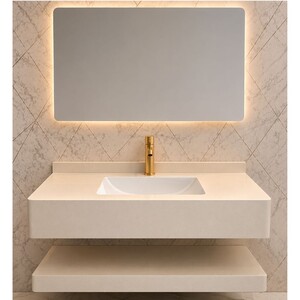 مغسلة رخام بيج CY-06 مع مراية ليد 3 إضاءات ورف بحوض كيرف دائري