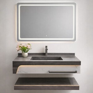 مغسلة حمام رخام شلال A001 مع مرآة LED وحامل مناشف (80-100 سم)