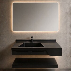 مغسلة رخام أسود شلال 100 سم مع مراية ليد 3 إضاءات موديل A002