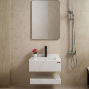 مغسلة رخام 50 سم موديل BY مع مراية ليد 3 إضاءات – أبيض / رمادي / أسود