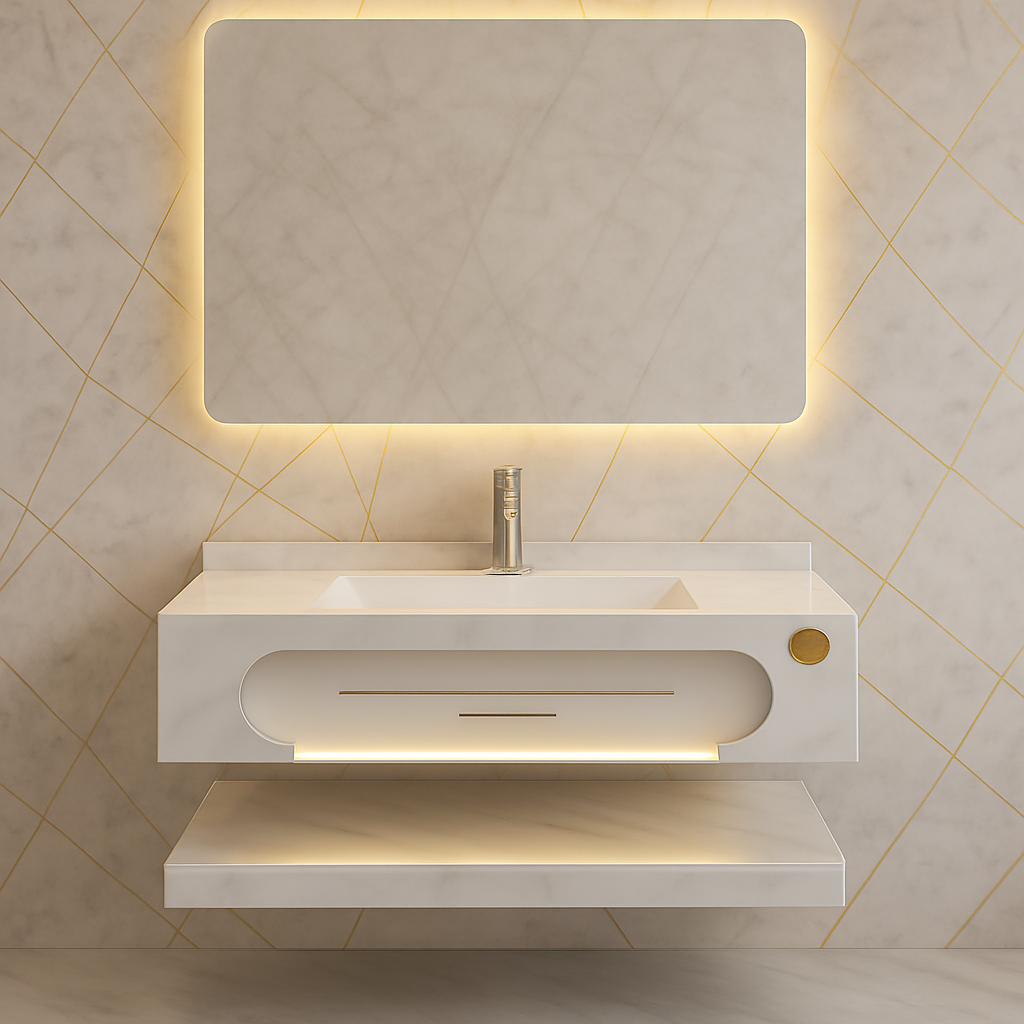 مغسلة رخام بمرايه ليد 3 اضاءات بحوض بشكل شيك وعصري مزود ب ليد