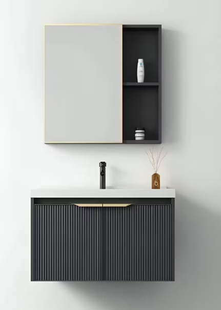 مغسلة ألمونيوم بلون أسود ومرايه وصيدلية ودولاب أسفل الحوض