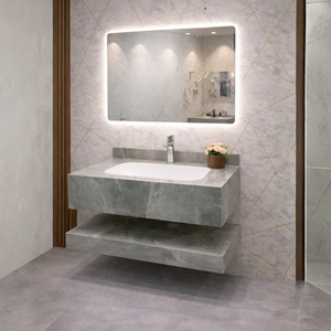 مغسلة رخام سعودي فاخرة + مراية LED 3 إضاءات (عدة مقاسات باللون الرمادي)