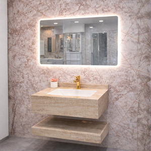 مغسلة رخام سعودي فاخرة + مراية LED 3 إضاءات (عدة مقاسات باللون البيج)