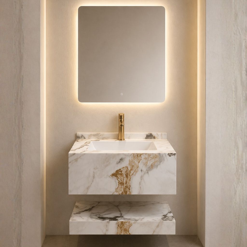 مغسلة رخام 60 سم موديل BY مع مراية ليد 3 إضاءات – أبيض / رمادي / بيج / أبيض بيج / أسود