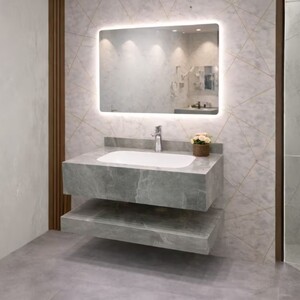 مغسلة رخام 80 سم موديل BY مع مراية ليد 3 إضاءات – أبيض / رمادي / بيج / أبيض بيج / أسود