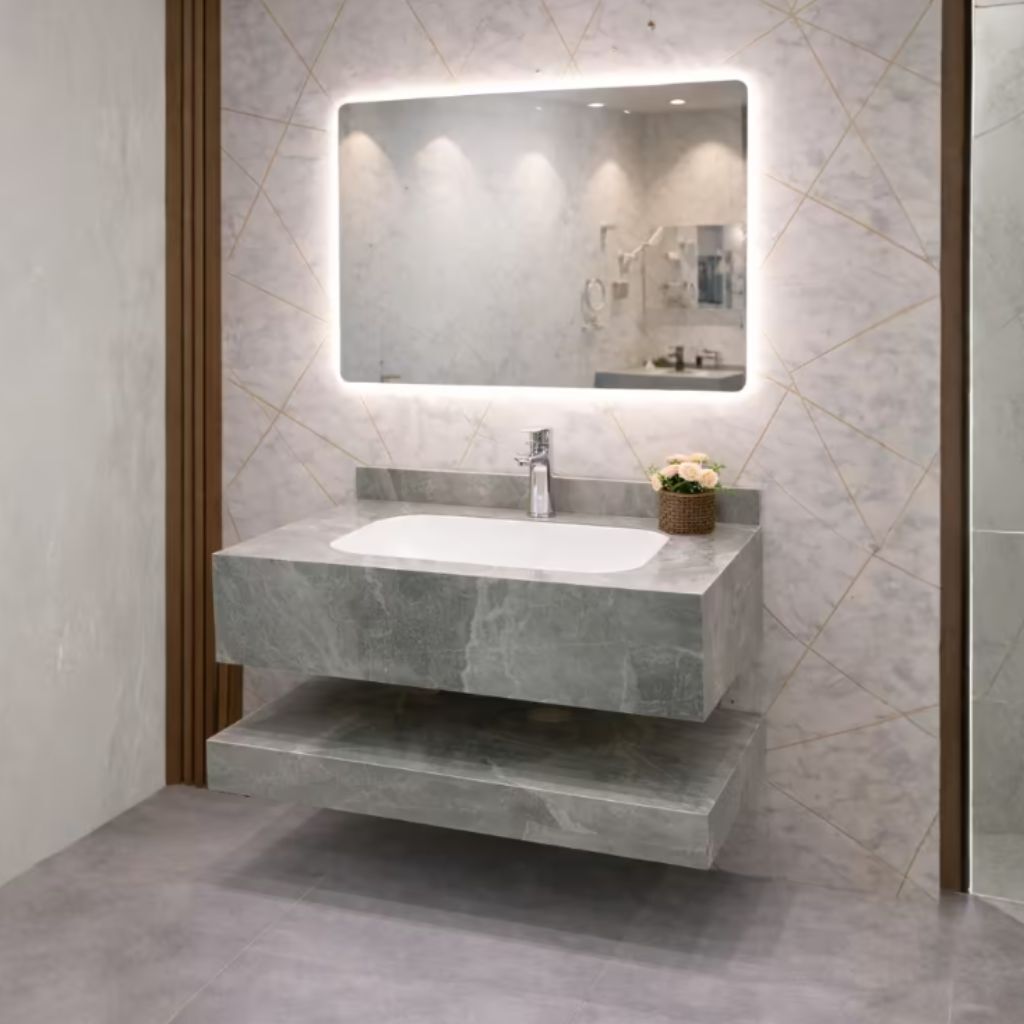 مغسلة رخام 80 سم موديل BY مع مراية ليد 3 إضاءات – أبيض / رمادي / بيج / أبيض بيج / أسود