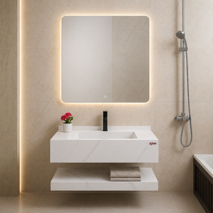 مغسلة رخام 100 سم موديل BY مع مراية ليد 3 إضاءات – أبيض / رمادي / بيج / أبيض بيج / أسود