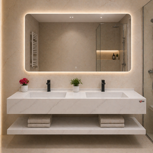 مغسلة بورسلان 150 سم حوضين موديل BY مع مراية ليد 3 إضاءات – أبيض / رمادي / بيج / أبيض بيج / أسود