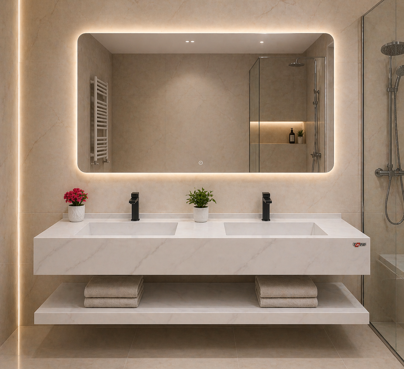 مغسلة بورسلان 150 سم حوضين موديل BY مع مراية ليد 3 إضاءات – أبيض / رمادي / بيج / أبيض بيج / أسود